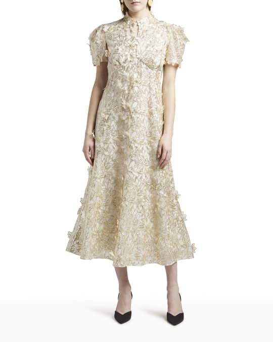 Erdem Lauren Sequin Floral-Applique Organza Midi Dress | Neiman Marcus