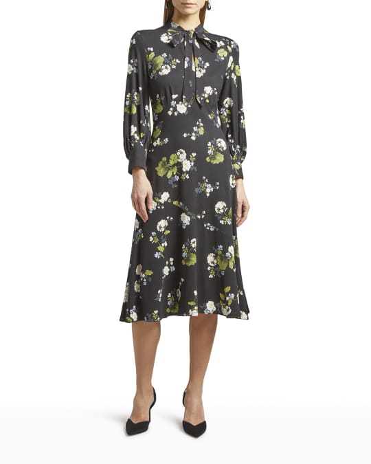 Poppy Floral Print Neck Tie Jersey Midi Dress