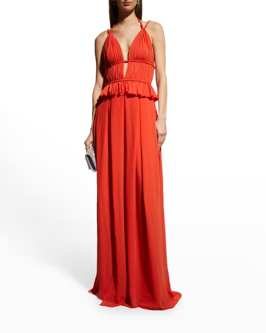Dress The Population Athena Pleated Peplum Cutout Gown | Neiman Marcus