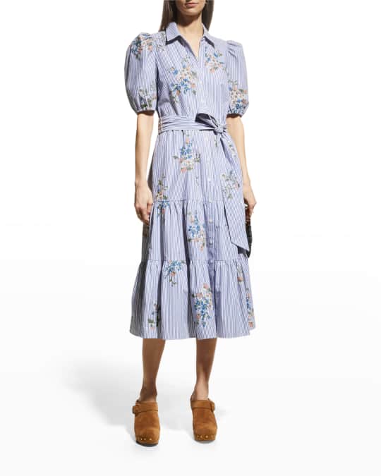 Veronica Beard Eunice Floral Embroidered Striped Button-Front Midi Dress |  Neiman Marcus