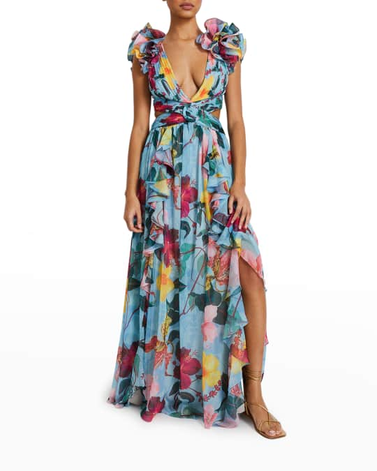 PatBO Hibiscus Flutter Cutout Floral Maxi Dress | Neiman Marcus