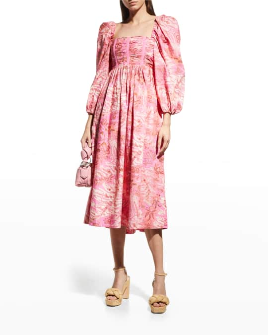Ulla Johnson Leilani Balloon-Sleeve Floral Midi Dress | Neiman Marcus