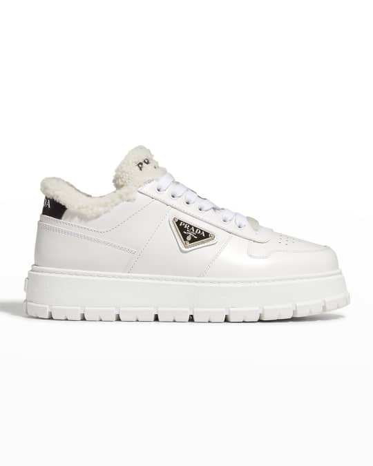 Prada Leather Shearling Lug-Sole Sneakers | Neiman Marcus