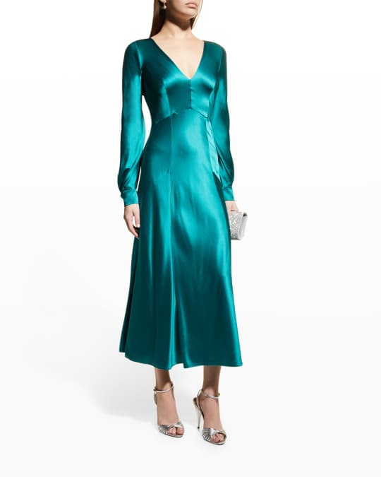slim fit dress slacks Mikado Green Drop Shoulder Long Dress by Alberta Ferretti – Elilhaam main image 0