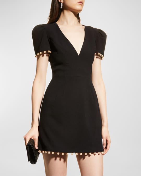 Estelle Pearl-Trim Deep V-Neck Mini Dress