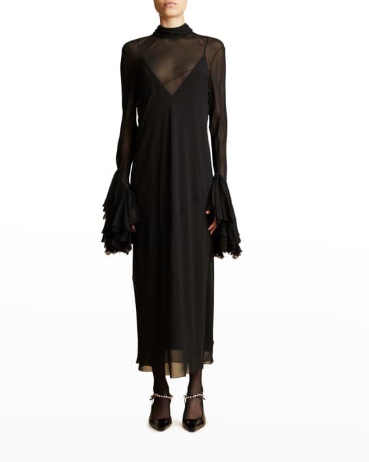 Khaite Evi Semi-Sheer Fluted-Sleeve Dress with Slip | Neiman Marcus