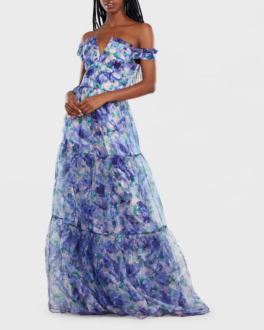Theia metallic tiered ruffle gown top