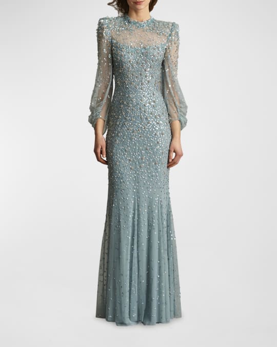 Jenny Packham Strong Shoulder Beaded Chiffon Gown Neiman Marcus