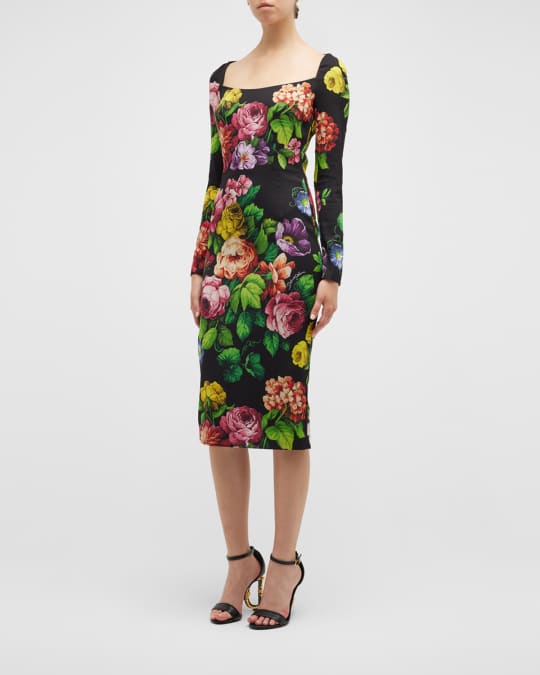Dolce&Gabbana Square-Neck Floral-Print Charmeuse Midi Dress | Neiman Marcus