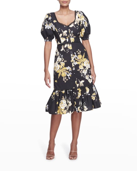 Marchesa Notte Floral-Print Puff-Sleeve Poplin Dress Neiman Marcus