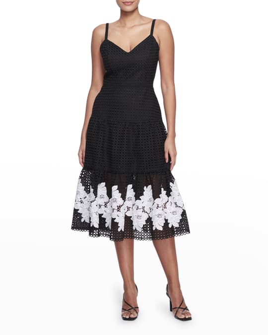 Marchesa Notte Tiered Eyelet Midi Dress w/ Lace Trim | Neiman Marcus