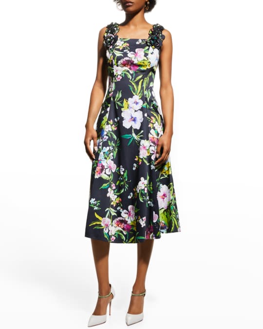 Rickie Freeman for Teri Jon Floral-Print Midi Dress w/ 3D Flowers ...