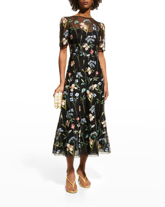 Rickie Freeman for Teri Jon Floral-Embroidered Tulle Dress | Neiman Marcus