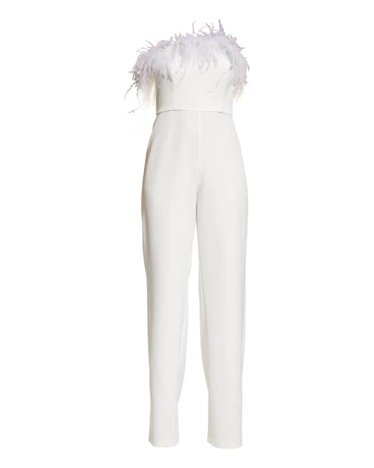 Aidan by Aidan Mattox Strapless Feather-Trim Jumpsuit | Neiman Marcus
