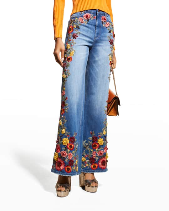 Alice + Olivia Gorgeous Floral Embroidered Wide-Leg Jeans | Neiman Marcus