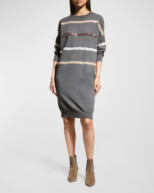 Brunello Cucinelli Sequined Stripe Wool Sweater Dress | Neiman Marcus