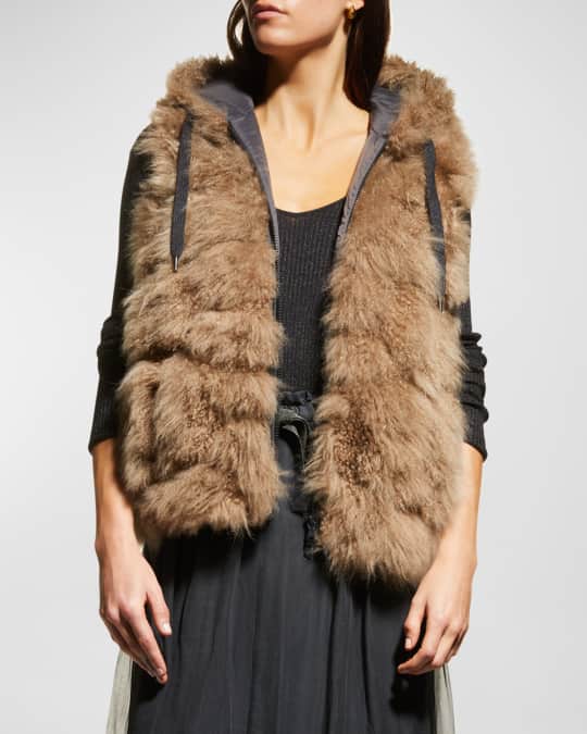 BRUNELLO CUCINELLI フード付きファーベスト Brunello Cucinelli Faux Fur Hooded Vest w/ Monili Trim | Neiman Marcus