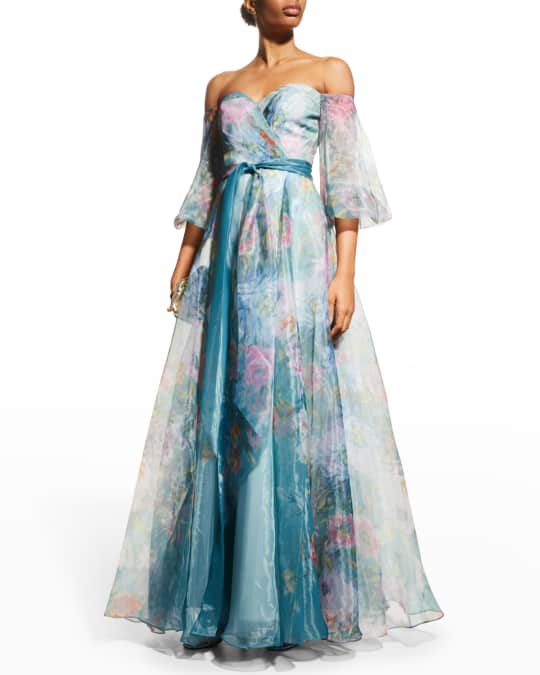 Off Shoulder Puff Sleeve Floral Gown