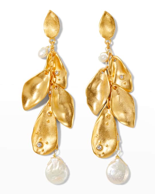 Sequin Gold Leaf Drop Earrings with Pearls | Neiman Marcus
