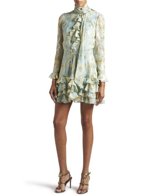 Etro Metallic Floral Jacquard Ruffle Mini Dress | Neiman Marcus