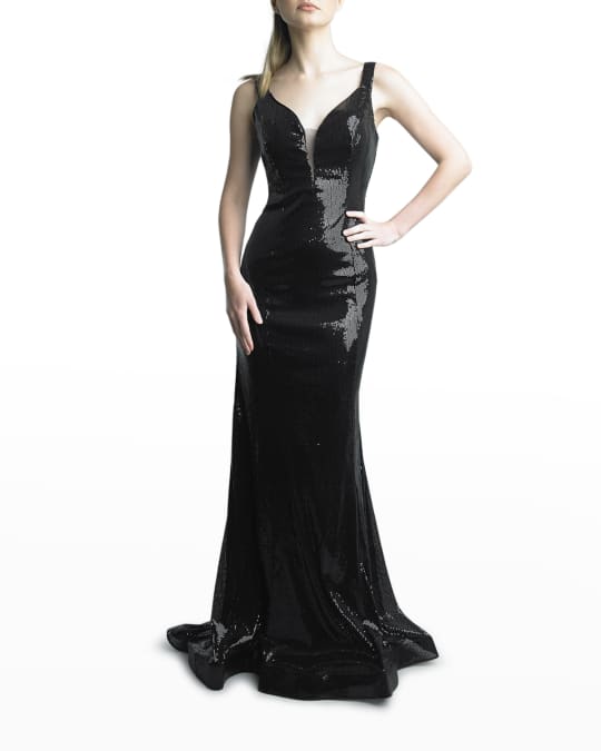 Deep V Neck Sequin Gown