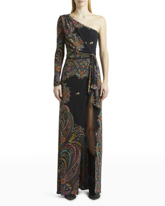 etro one shoulder dress One-shoulder Belted Printed Satin-jacquard Maxi Dress