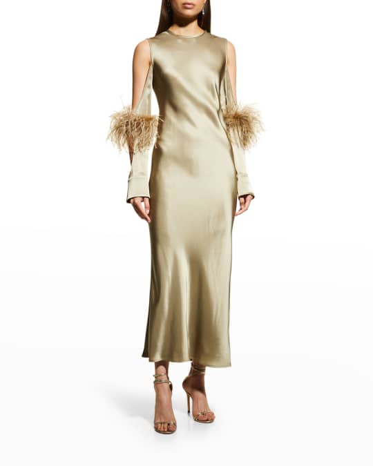 LAPOINTE Satin Bias Cutout Dress with Feather-Trim | Neiman Marcus