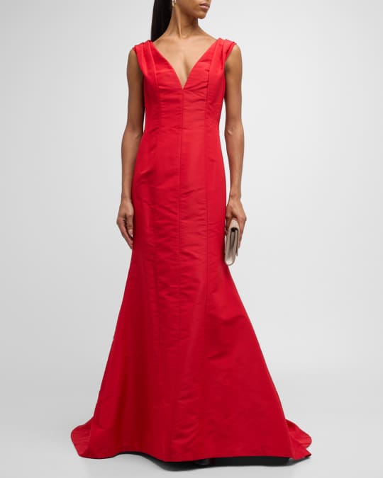 Carolina Herrera V-Neck Pleated Shoulder Trumpet Gown | Neiman Marcus