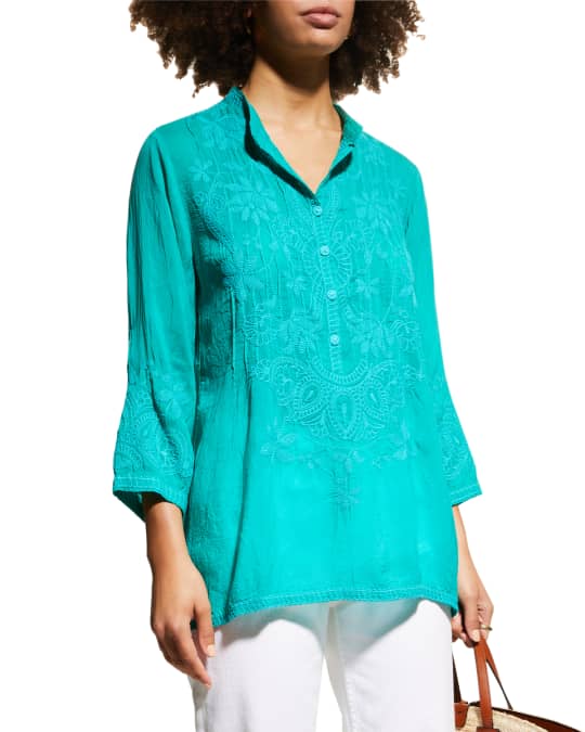 Johnny Was Jeta Floral-Embroidered Pintuck Blouse | Neiman Marcus