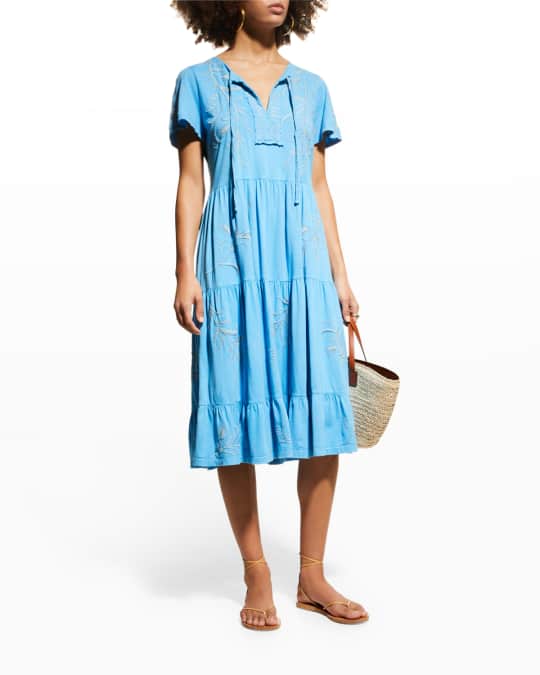 Johnny Was Fern Embroidered Tiered Midi Dress | Neiman Marcus