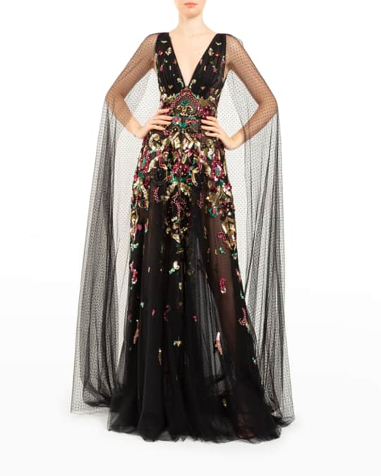 Zuhair Murad Plunging Lotta Embroidered Cape Gown | Neiman Marcus