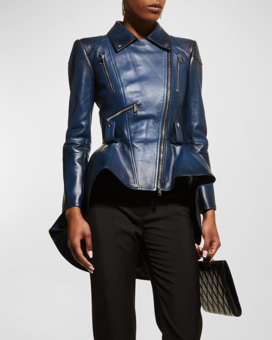 Brushed Leather Peplum Biker Jacket