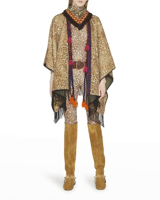 Fringe Leopard Open Front Long Sleeve Poncho main image 0