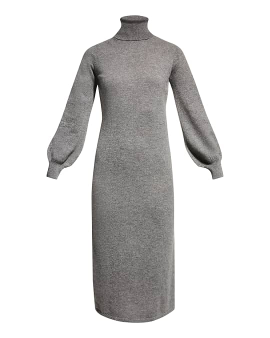 Blouson Sleeve Turtleneck Cashmere Midi Dress