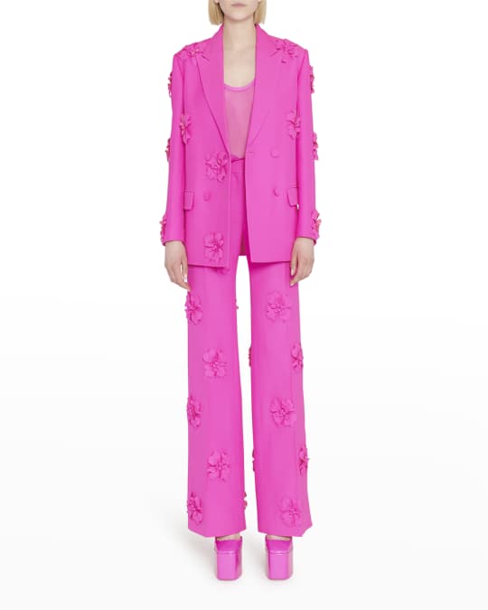Valentino Garavani Flower Applique Wide-Leg Crepe Trousers