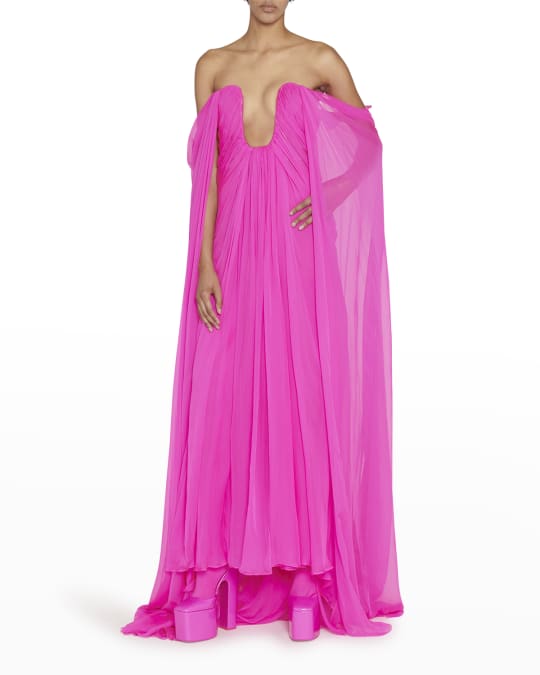 Valentino Garavani Plunging Off The Shoulder Silk Cape Gown