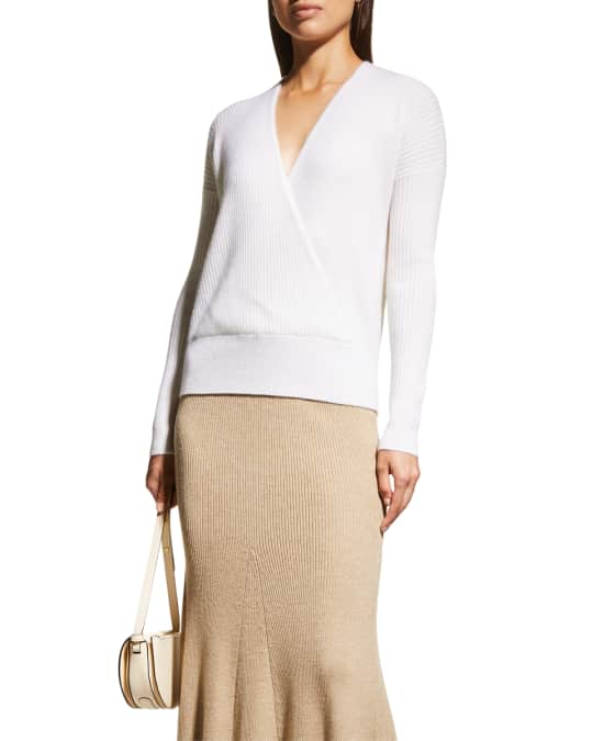 Neiman Marcus Cashmere Collection Ribbed Cashmere Faux Wrap Sweater Neiman Marcus