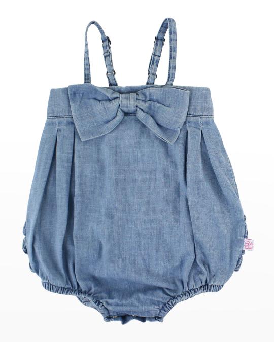 RuffleButts Girl's Bow-Front Denim Romper, Size Newborn-2T | Neiman Marcus