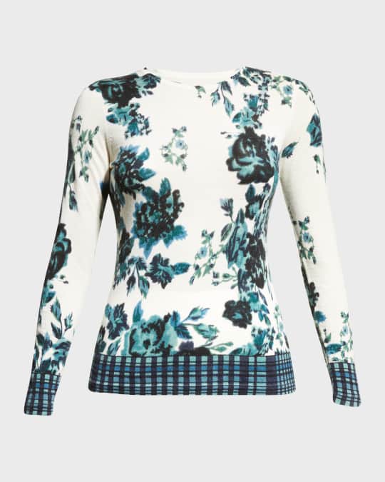 Cashmere Floral-Print Crewneck Sweater