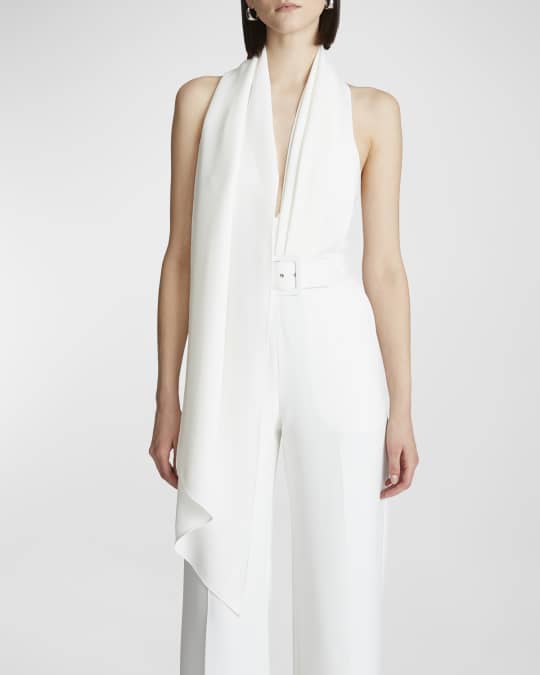 Halston Mel Belted Deep V Neck Crepe Jumpsuit Neiman Marcus