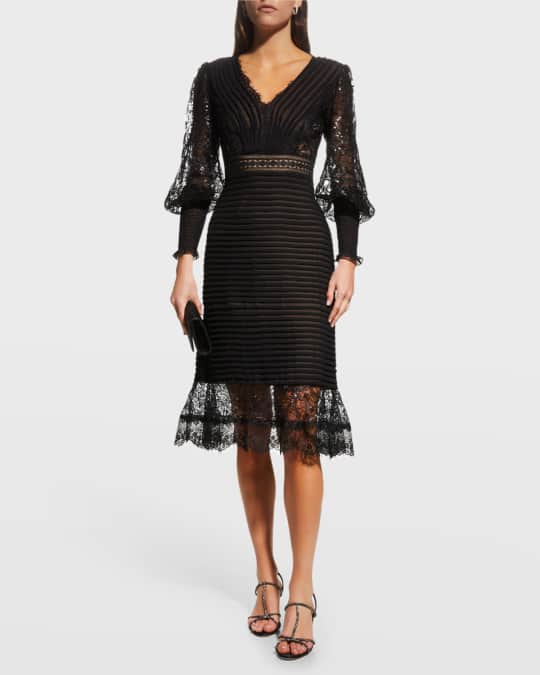 Tadashi Shoji Pleated Sequin Lace-Trim Dress | Neiman Marcus