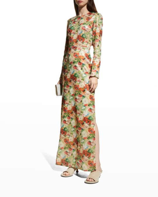 chinese dress ladies Cream Floral Smocked Top Maxi Dress With Slit
