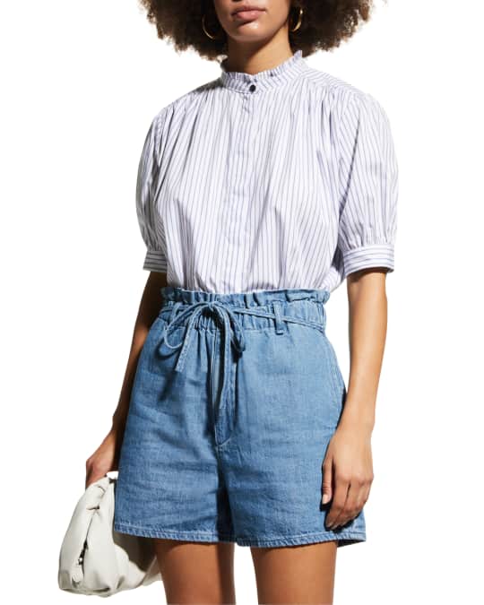 Rag Bone Jordan Pinstriped Puffed Sleeve Blouse with Ruffle Stand Collar Neiman Marcus