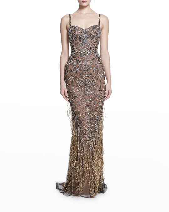 Marchesa Crystal Embroidered Fringe Mermaid Gown | Neiman Marcus