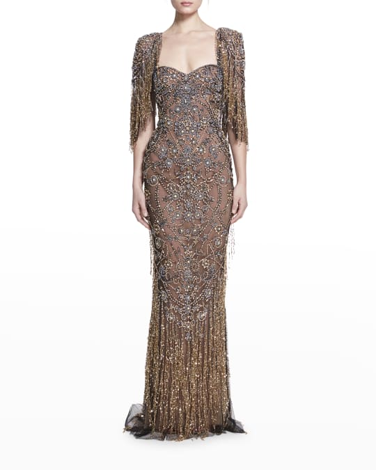 Marchesa Sequin Fringe Capelet Mermaid Gown | Neiman Marcus