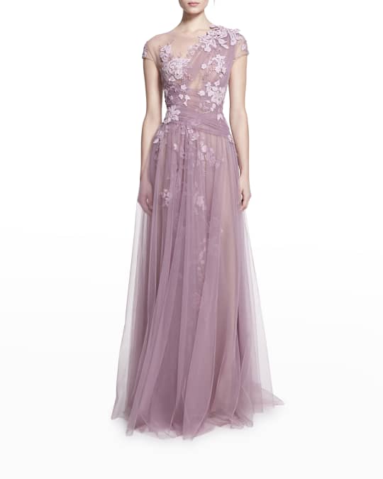 Marchesa Floral Embroidered Draped Tulle Gown | Neiman Marcus