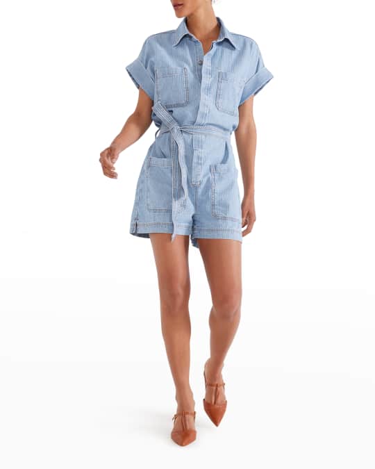 ETICA Adeya Pinstripe Denim Utility Romper | Neiman Marcus
