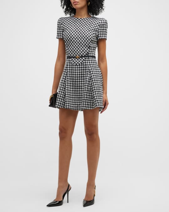 Versace Belted Check Tweed Fit-&-Flare Mini Dress | Neiman Marcus