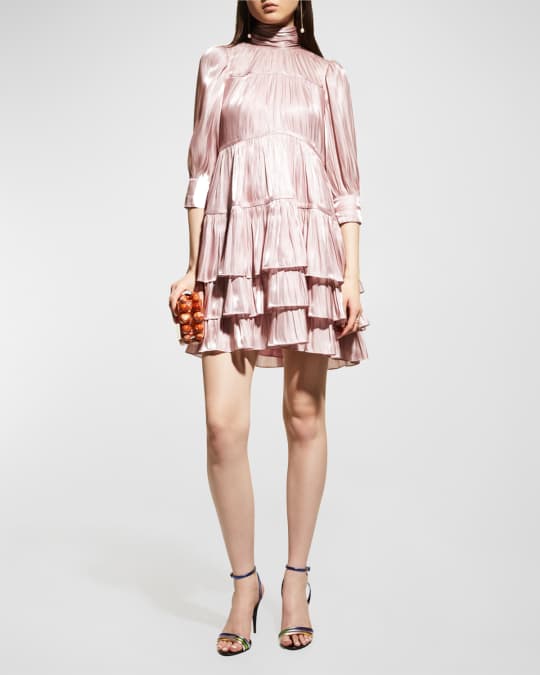 Riva Satin Plisse Tiered Turtleneck Mini Dress