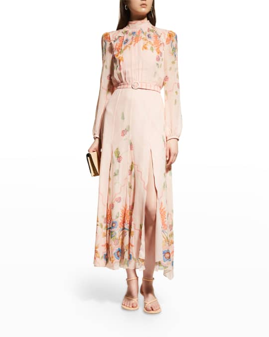 Jacqui B Belted Floral Silk Midi Dress